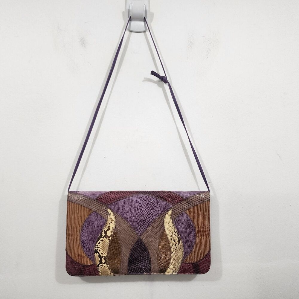Palizzio Vintage Colorblock Sn Lizard Leather Shoulder bag Clutch Purse Purple